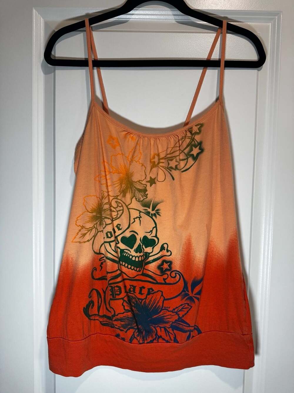 Full Tilt Orange and Red Skull Floral Y2K Spaghetti Strap Tank Top Size M